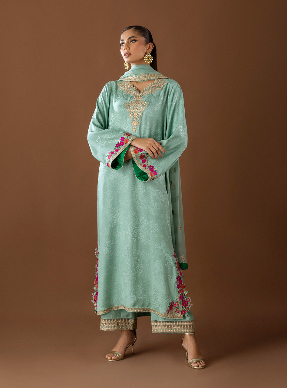 Pakistani Mint Green Embroidered Self-Jacquard Salwar Kameez (3-Piece) - Image 5