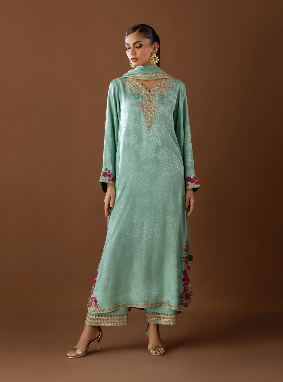 Pakistani Mint Green Embroidered Self-Jacquard Salwar Kameez (3-Piece) - Image 6