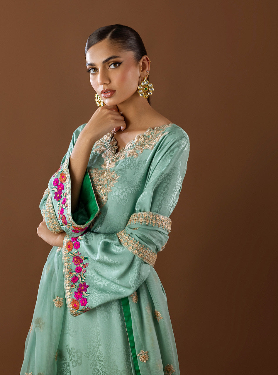 Pakistani Mint Green Embroidered Self-Jacquard Salwar Kameez (3-Piece) - Image 7