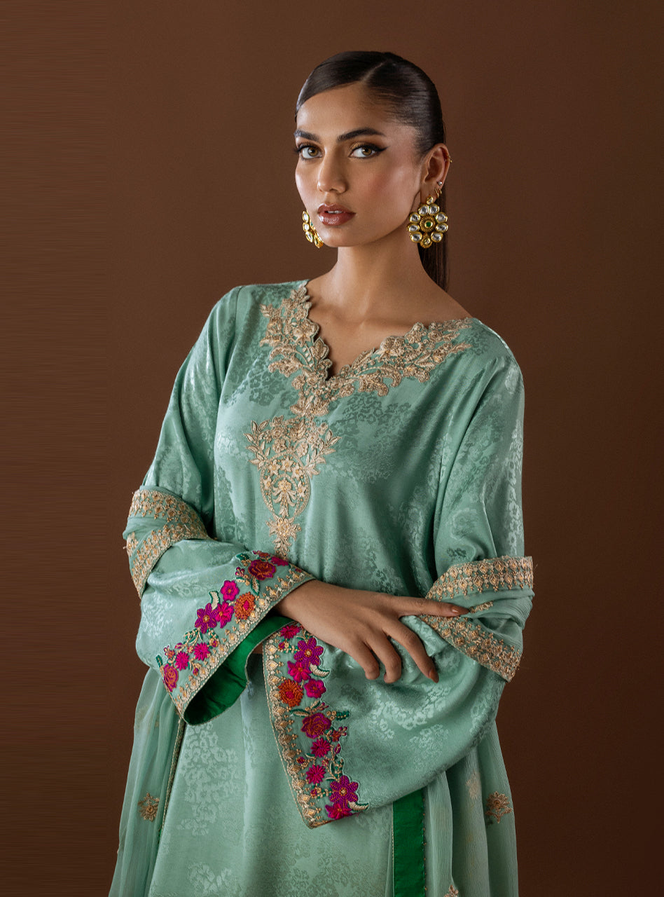 Pakistani Mint Green Embroidered Self-Jacquard Salwar Kameez (3-Piece) - Image 8