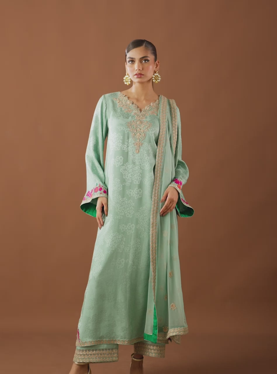 Pakistani Mint Green Embroidered Self-Jacquard Salwar Kameez (3-Piece) - Image 9