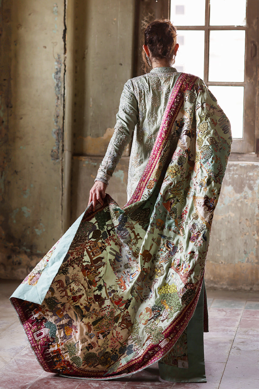 Pakistani Mint Hand-Embroidered Jamawar Salwar Kameez (3-Piece) - Image 1