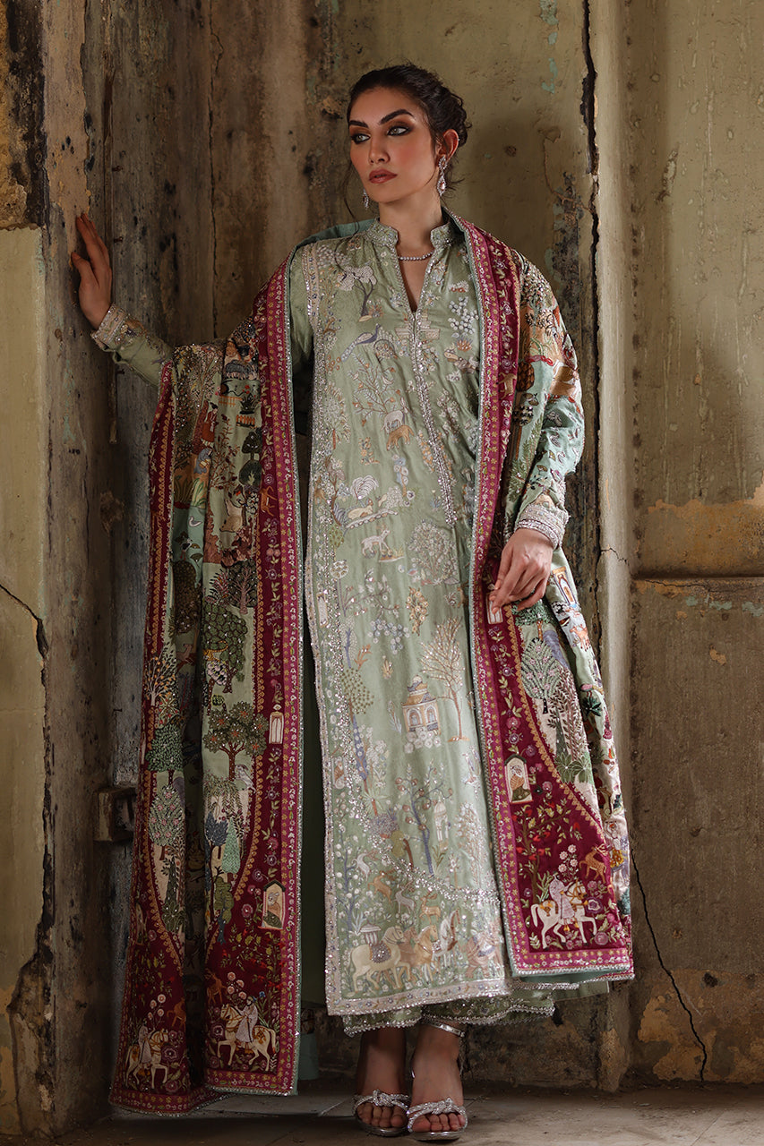 Pakistani Mint Hand-Embroidered Jamawar Salwar Kameez (3-Piece) - Image 2
