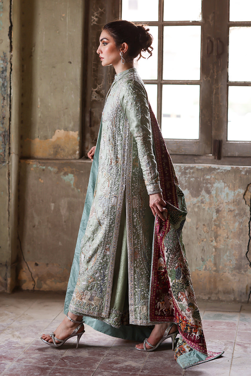 Pakistani Mint Hand-Embroidered Jamawar Salwar Kameez (3-Piece) - Image 3