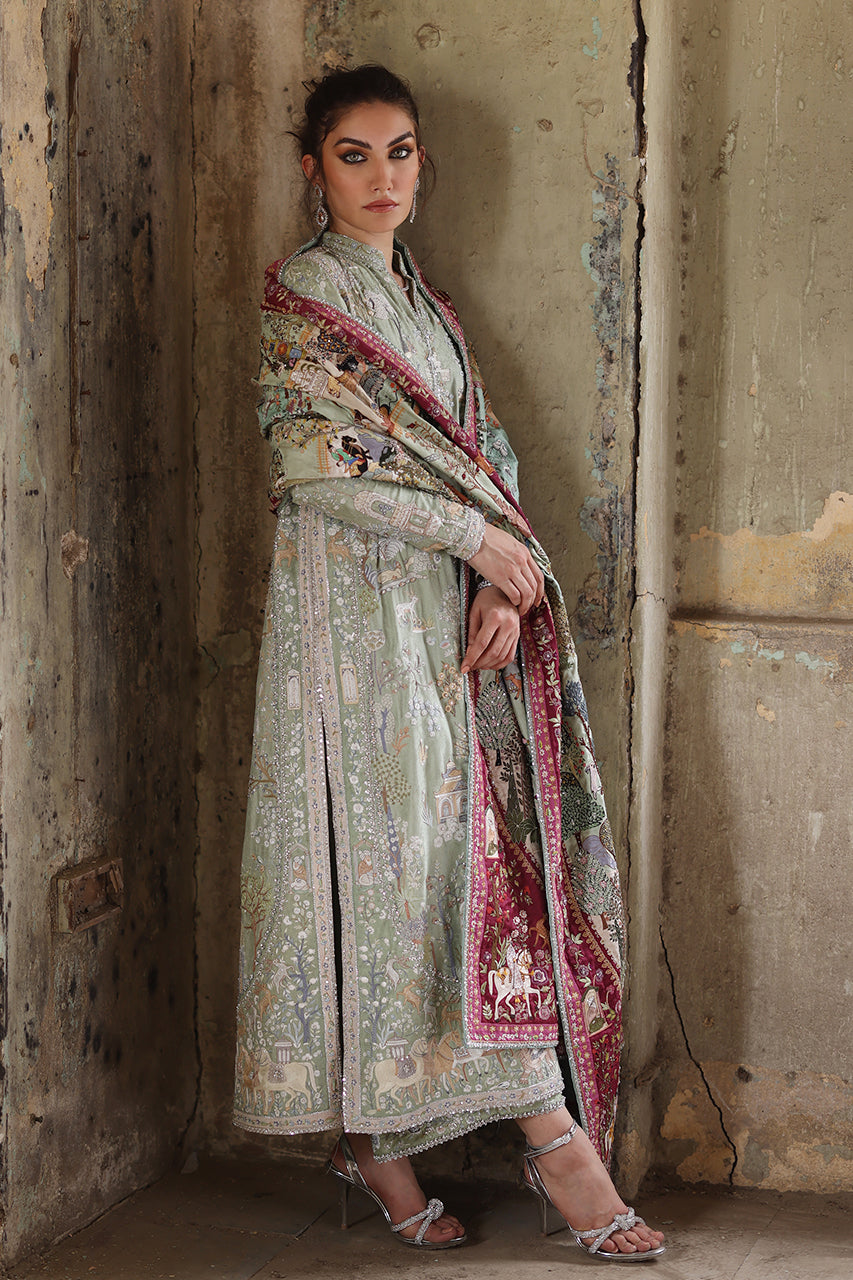 Pakistani Mint Hand-Embroidered Jamawar Salwar Kameez (3-Piece) - Image 4