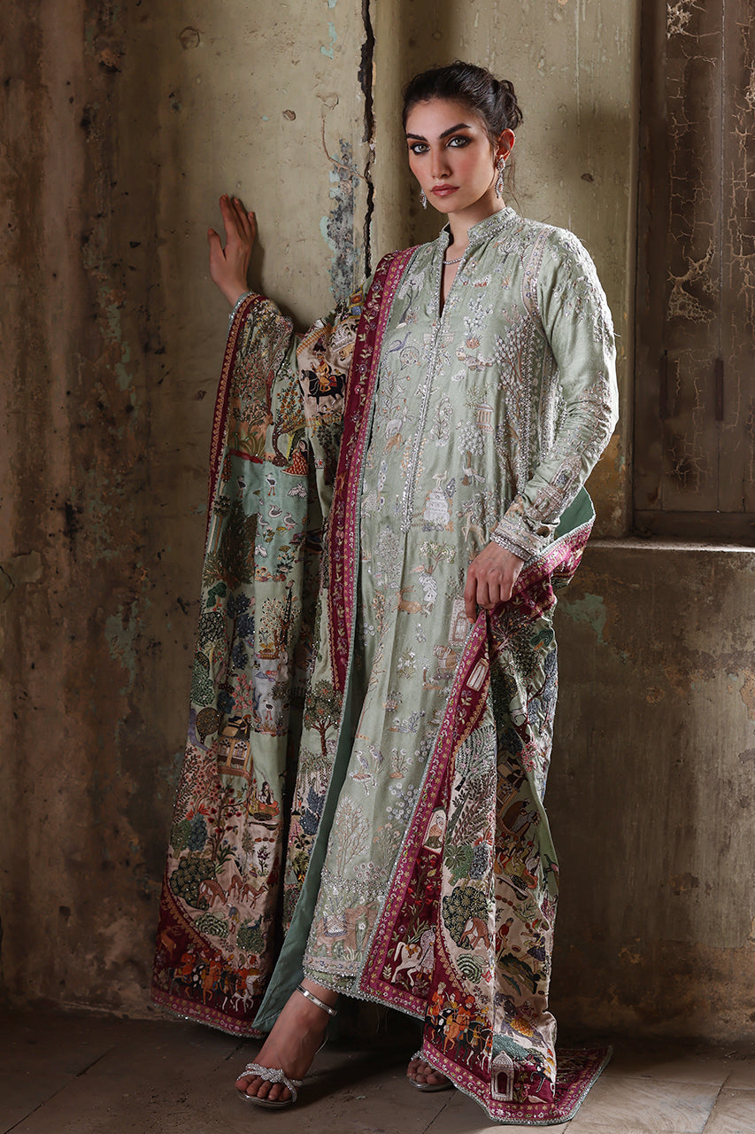 Pakistani Mint Hand-Embroidered Jamawar Salwar Kameez (3-Piece) - Image 5