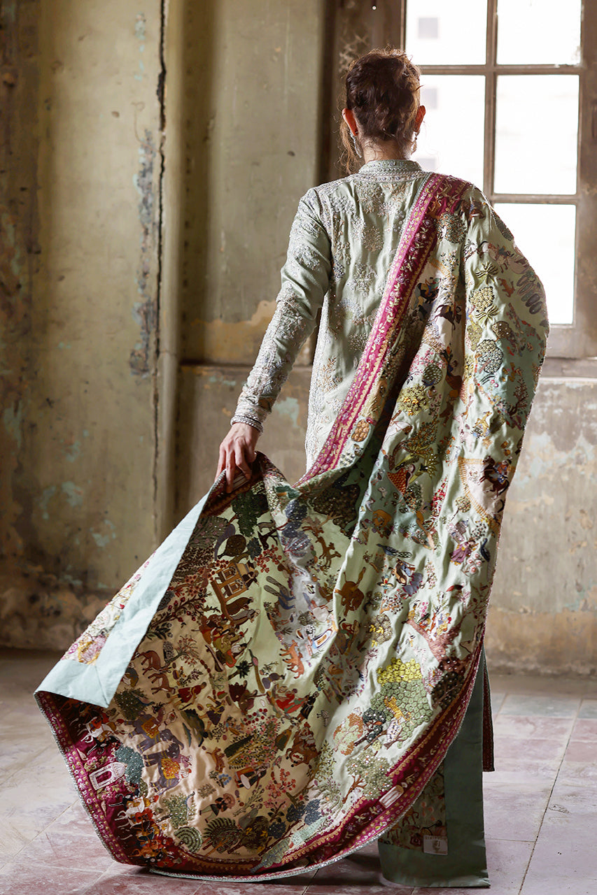 Pakistani Mint Hand-Embroidered Jamawar Salwar Kameez (3-Piece) - Image 8