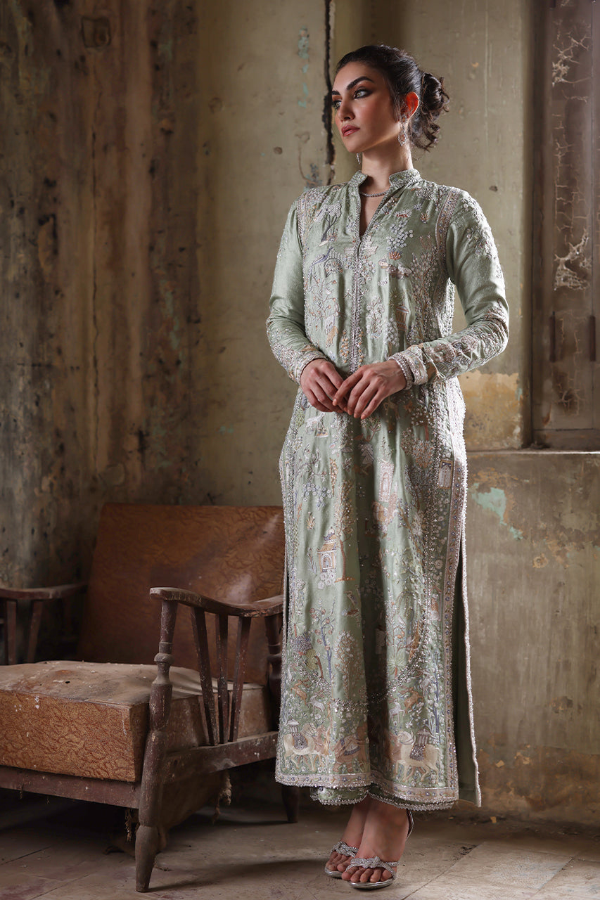 Pakistani Mint Hand-Embroidered Jamawar Salwar Kameez (3-Piece) - Image 9