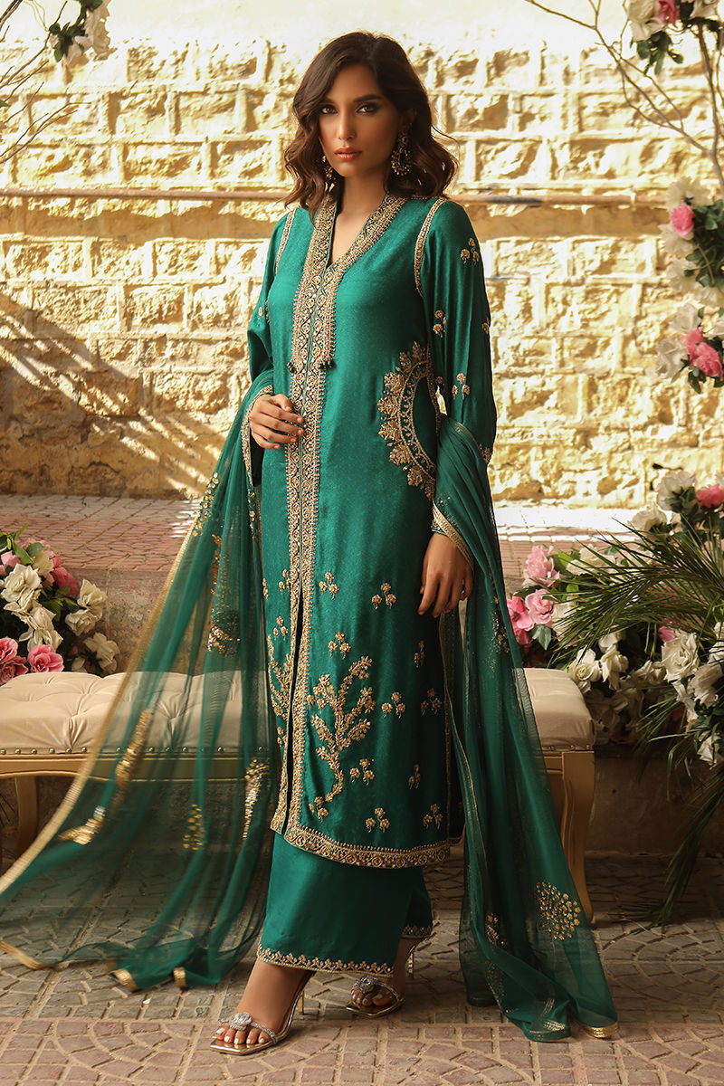 Emerald Green Handworked Jamawar Jacket Shirt (3-Piece) - Image 1