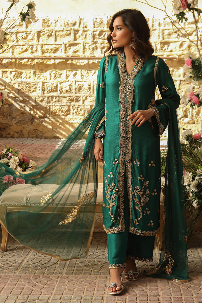 Emerald Green Handworked Jamawar Jacket Shirt (3-Piece) - Image 2