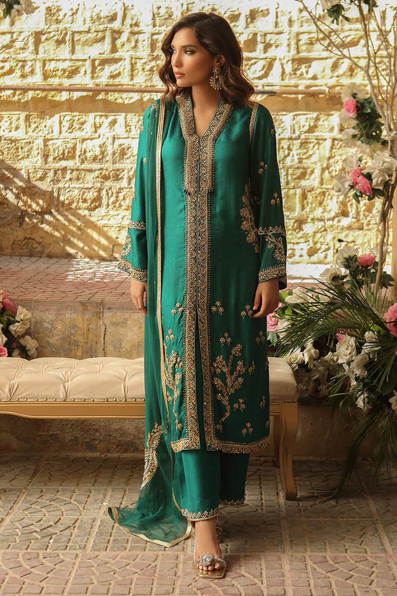 Emerald Green Handworked Jamawar Jacket Shirt (3-Piece) - Image 3