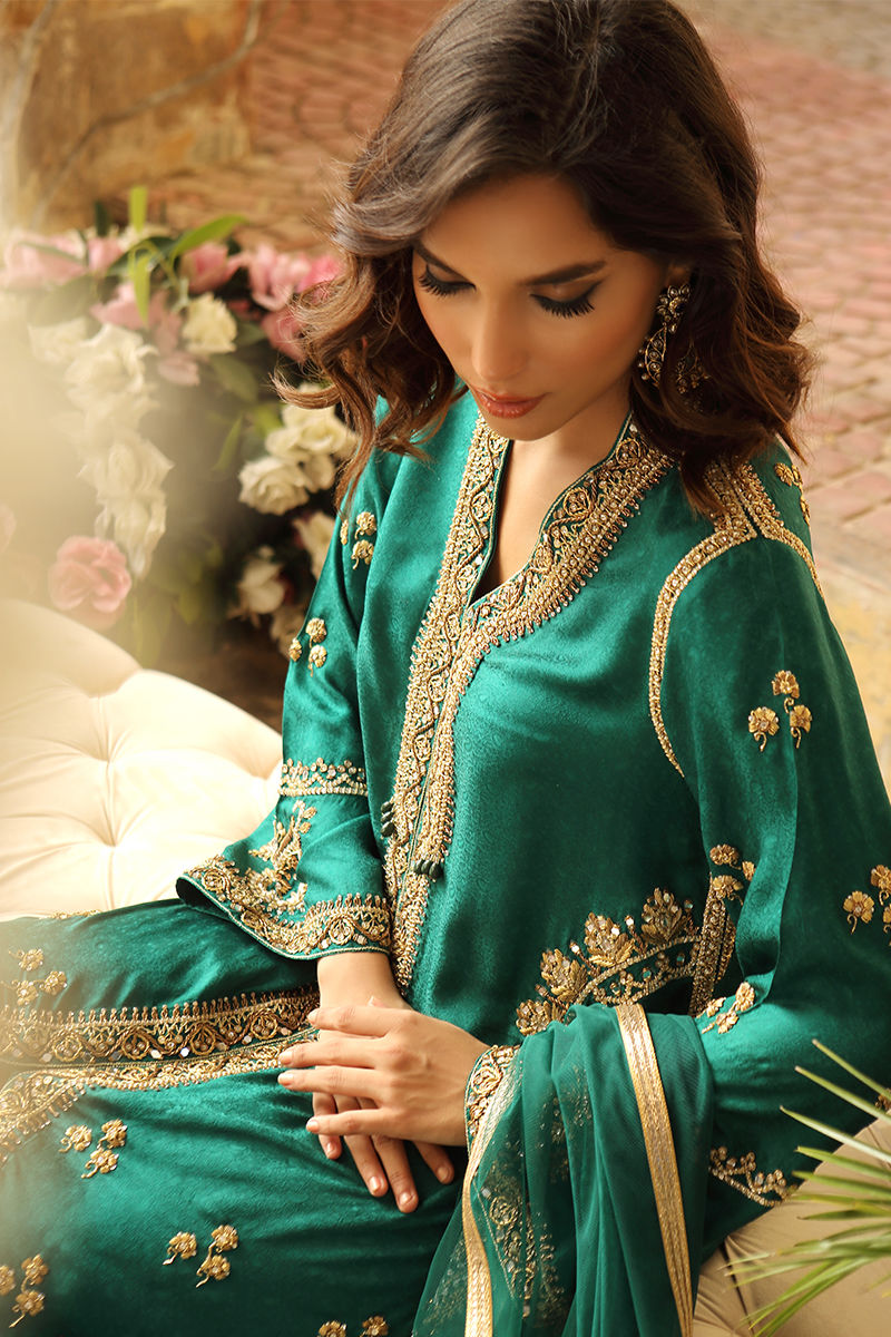 Emerald Green Handworked Jamawar Jacket Shirt (3-Piece) - Image 4