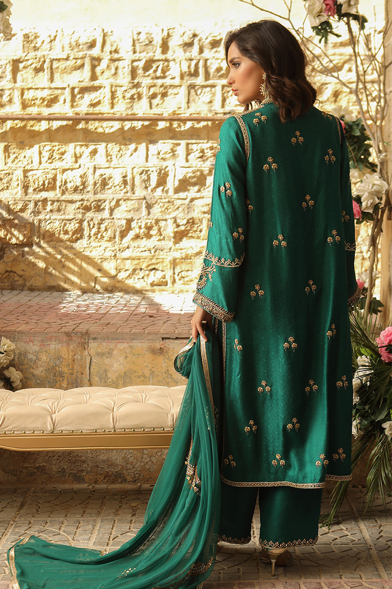 Emerald Green Handworked Jamawar Jacket Shirt (3-Piece) - Image 5