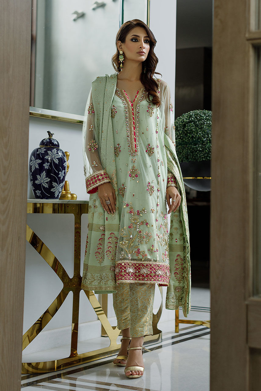 Pakistani Mint Green Kamdani Net Salwar Kameez (3-Piece) - Image 1