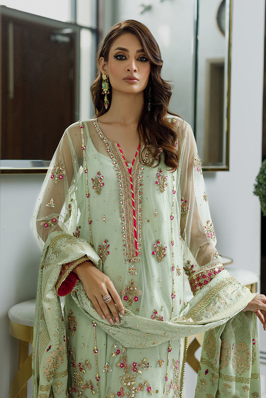 Pakistani Mint Green Kamdani Net Salwar Kameez (3-Piece) - Image 2