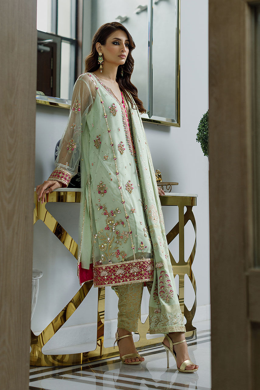 Pakistani Mint Green Kamdani Net Salwar Kameez (3-Piece) - Image 3