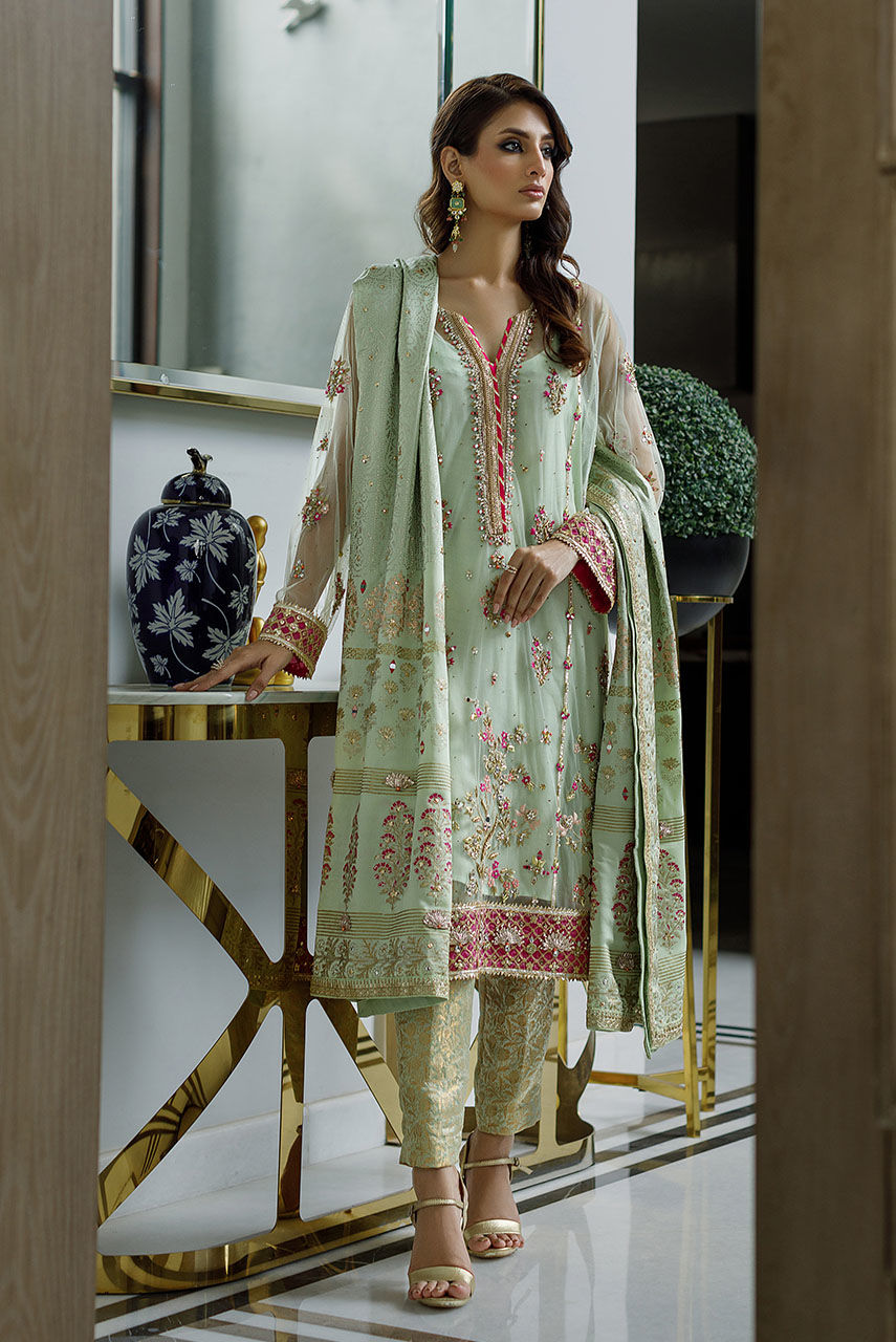 Pakistani Mint Green Kamdani Net Salwar Kameez (3-Piece) - Image 4