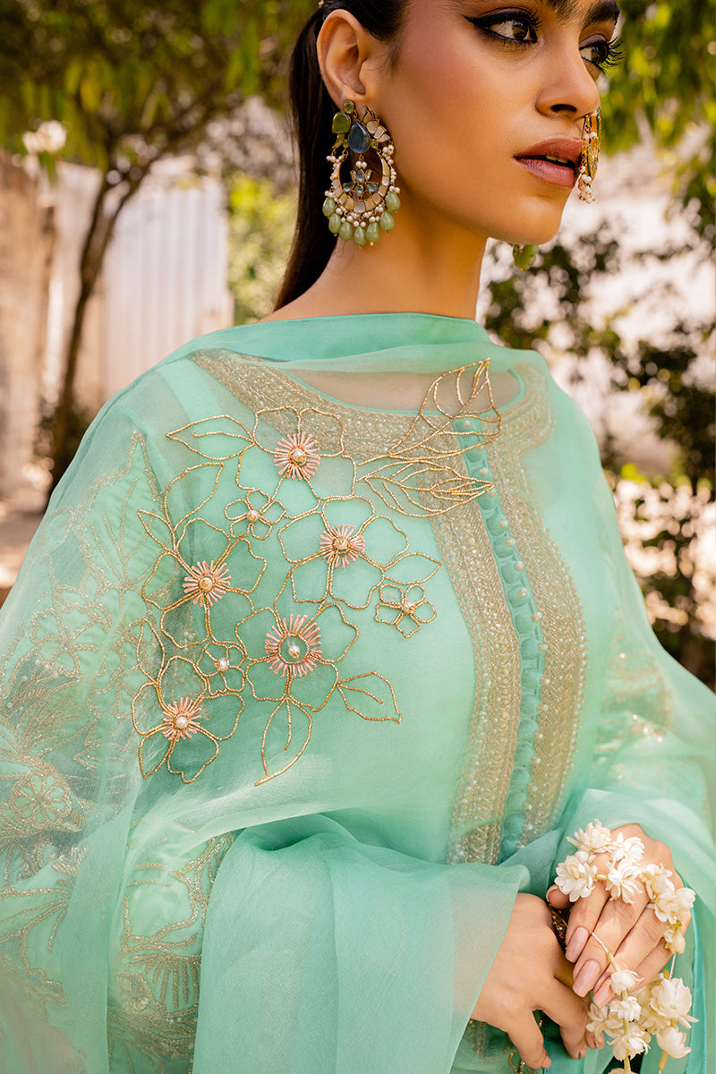 Mint Hand-Embellished Organza Shalwar Kameez (3-Piece) - Image 2