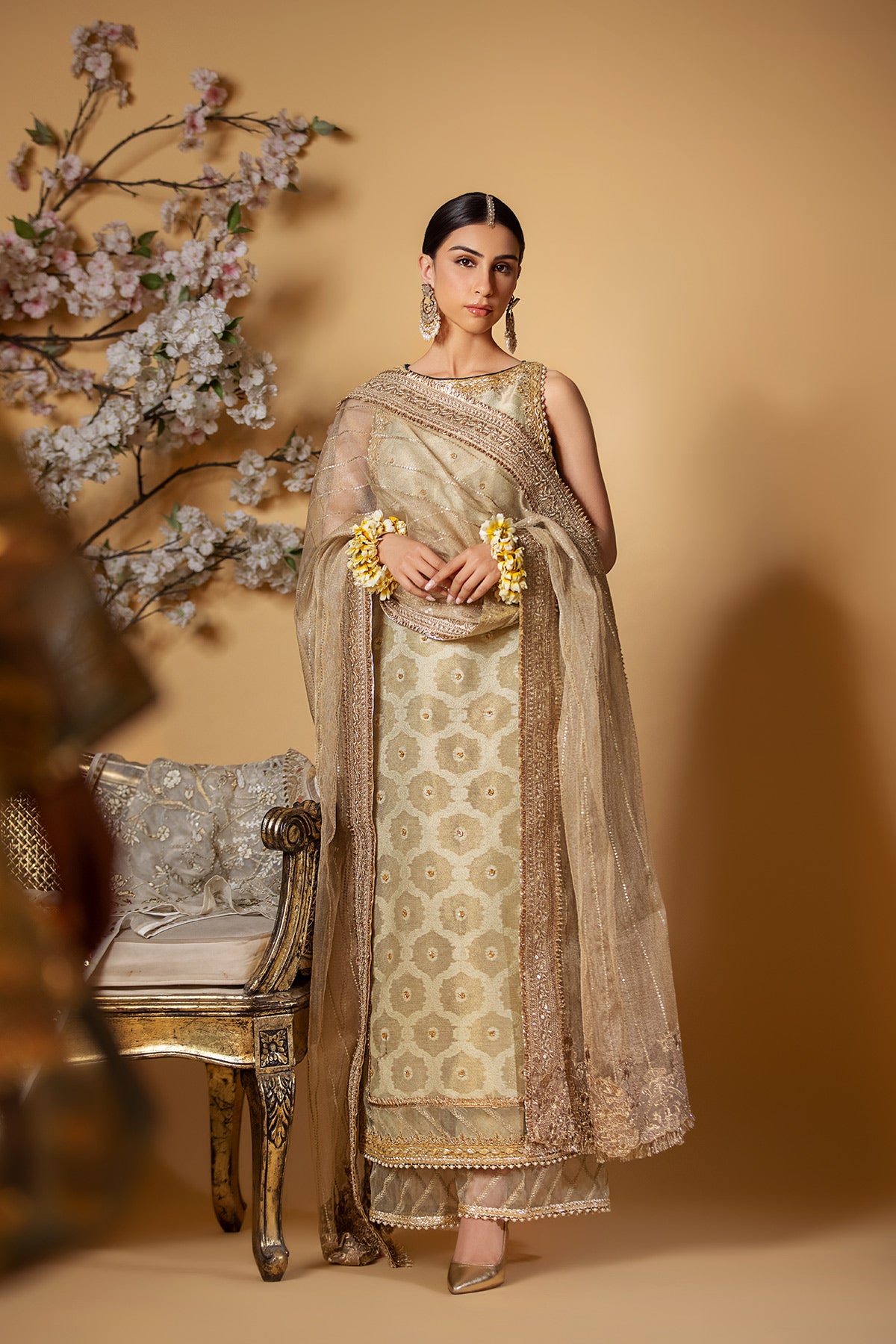 Pistachio Green Gota Khaadi Net Salwar Kameez (3-Piece) - Image 1