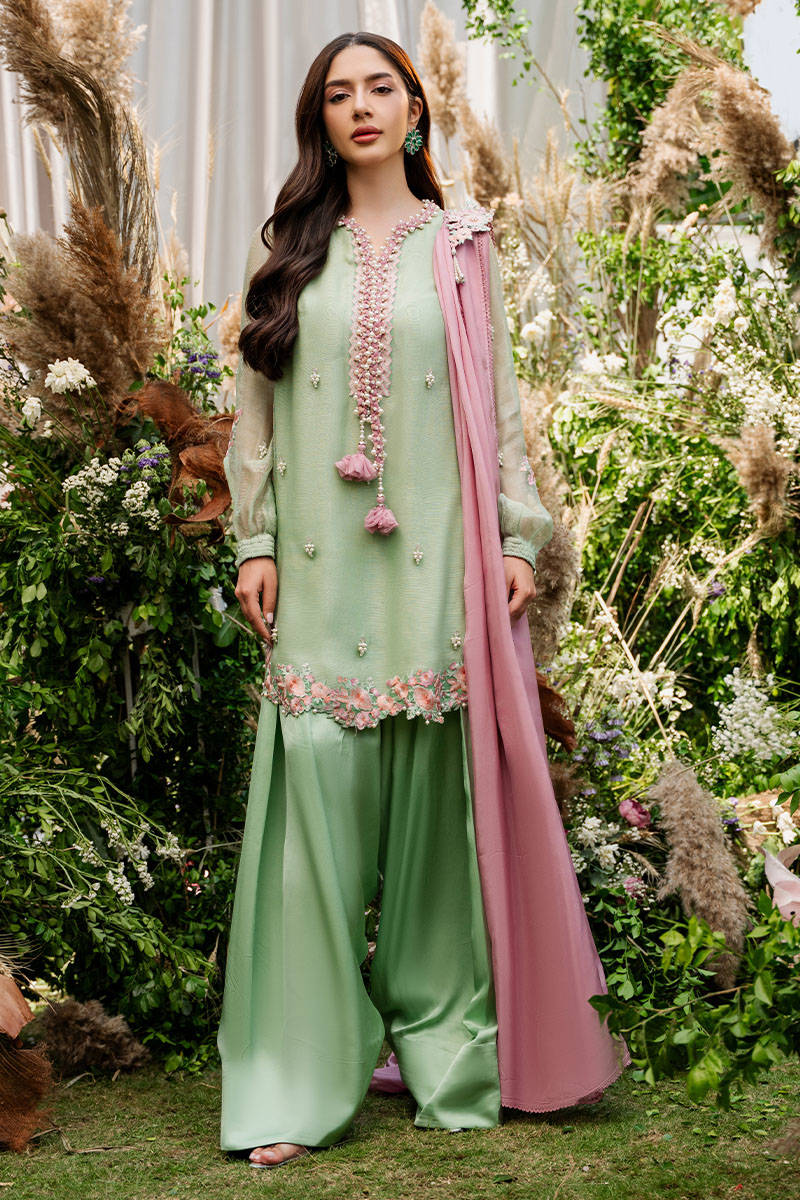 Sage Green Embroidered Khaddi Net Salwar Kameez (3-Piece) - Image 1