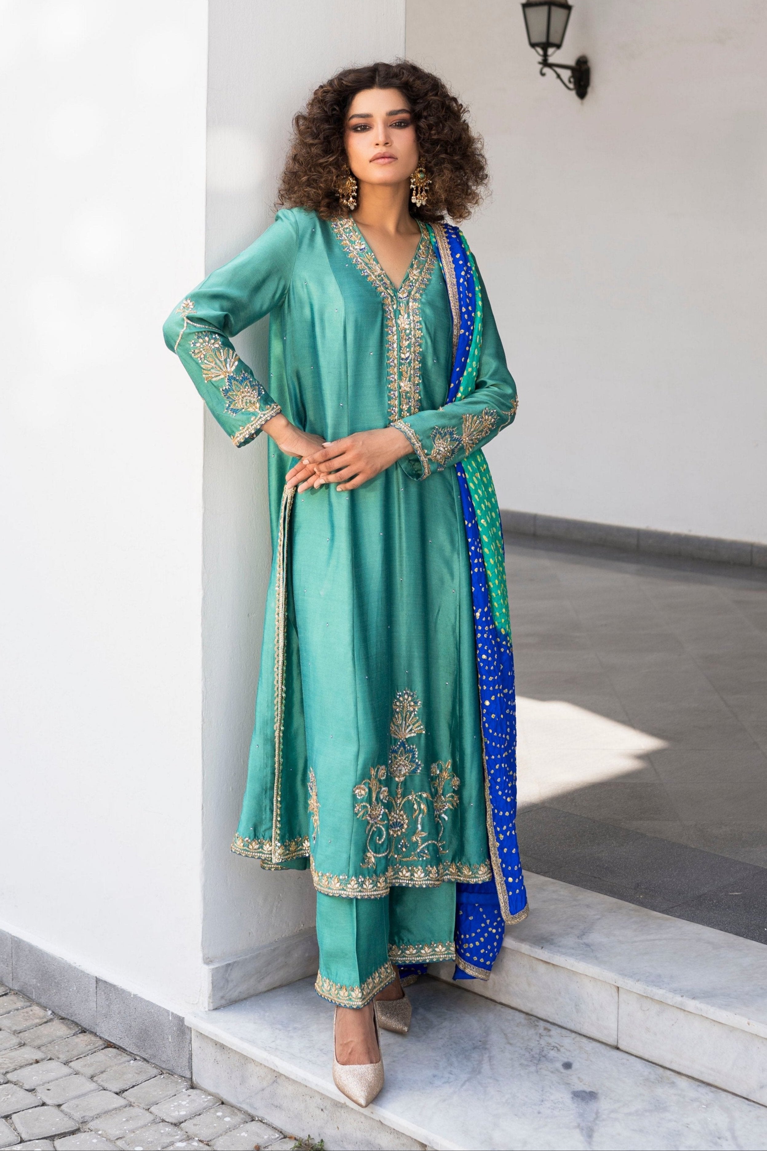 Ceramic Green Embroidered Khaddi Silk Salwar Kameez (3-Piece) - Image 1