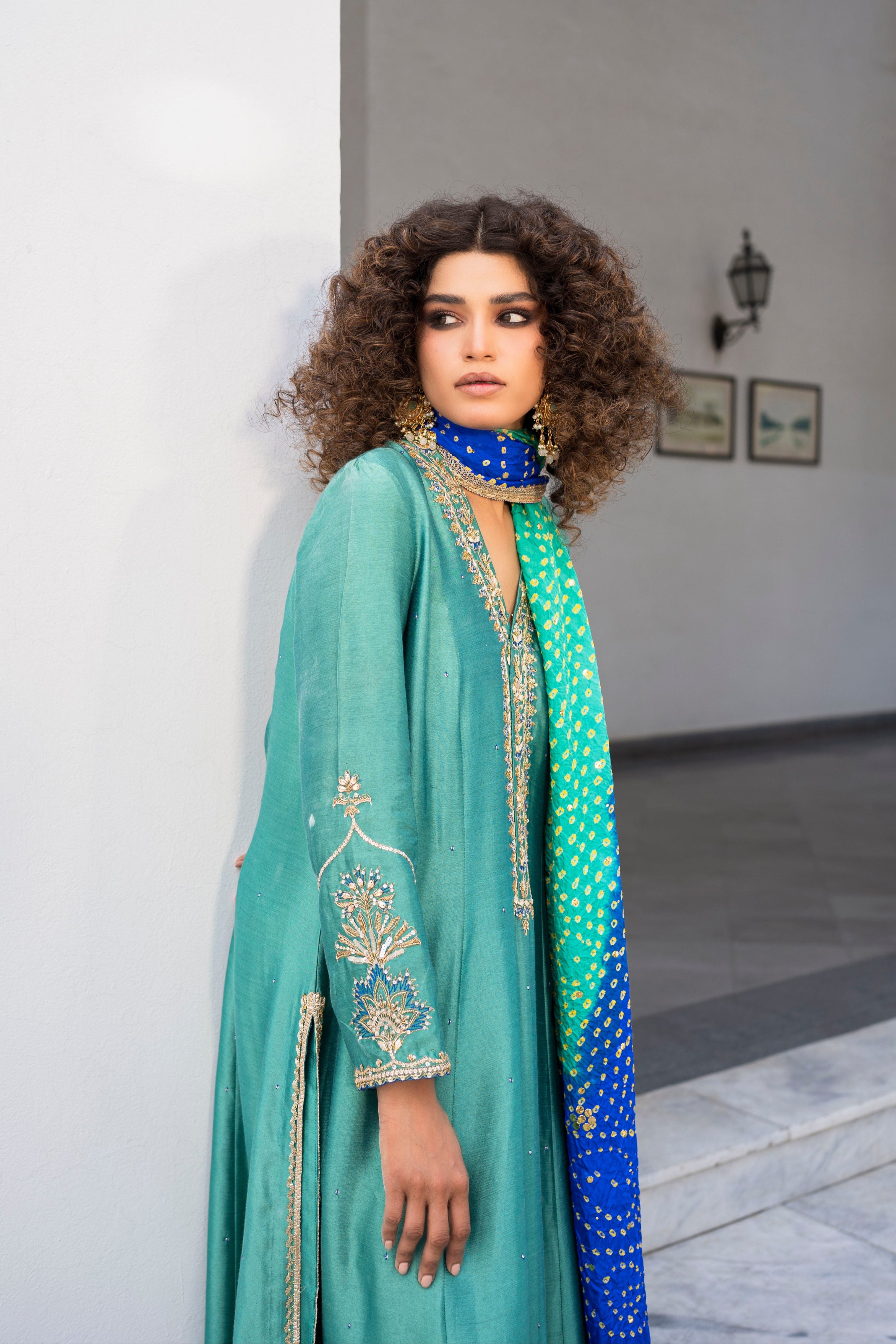 Ceramic Green Embroidered Khaddi Silk Salwar Kameez (3-Piece) - Image 2