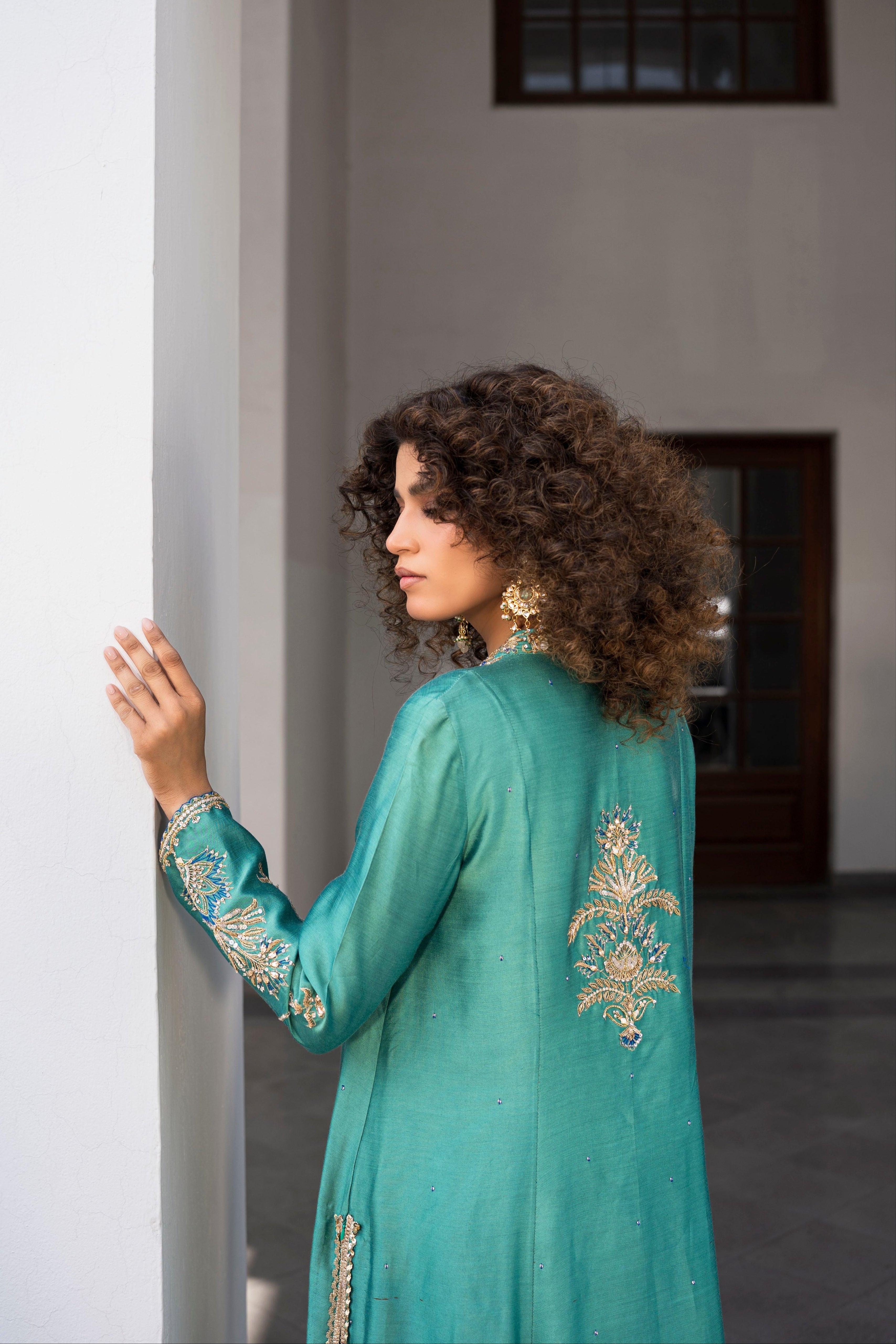 Ceramic Green Embroidered Khaddi Silk Salwar Kameez (3-Piece) - Image 3