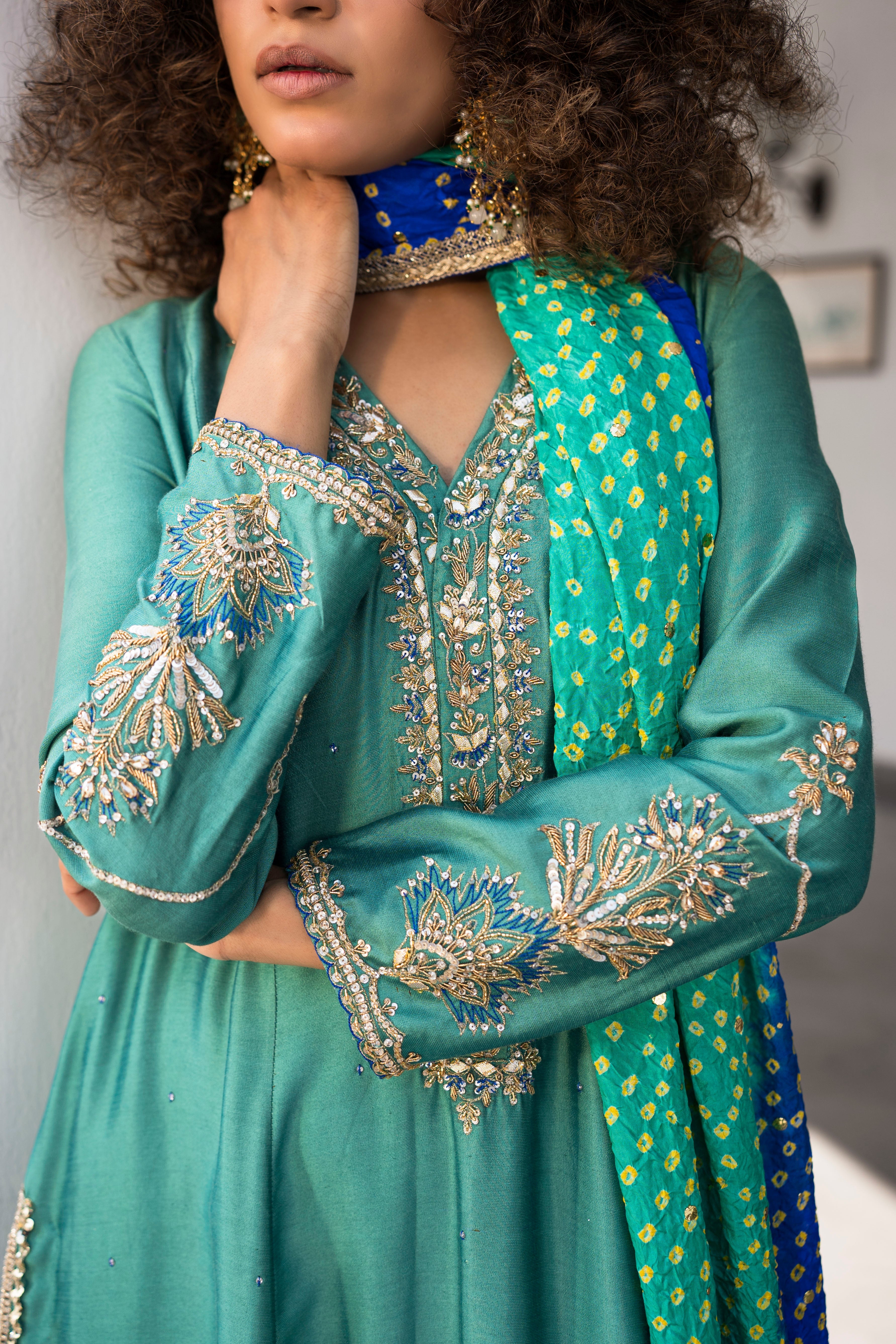 Ceramic Green Embroidered Khaddi Silk Salwar Kameez (3-Piece) - Image 4