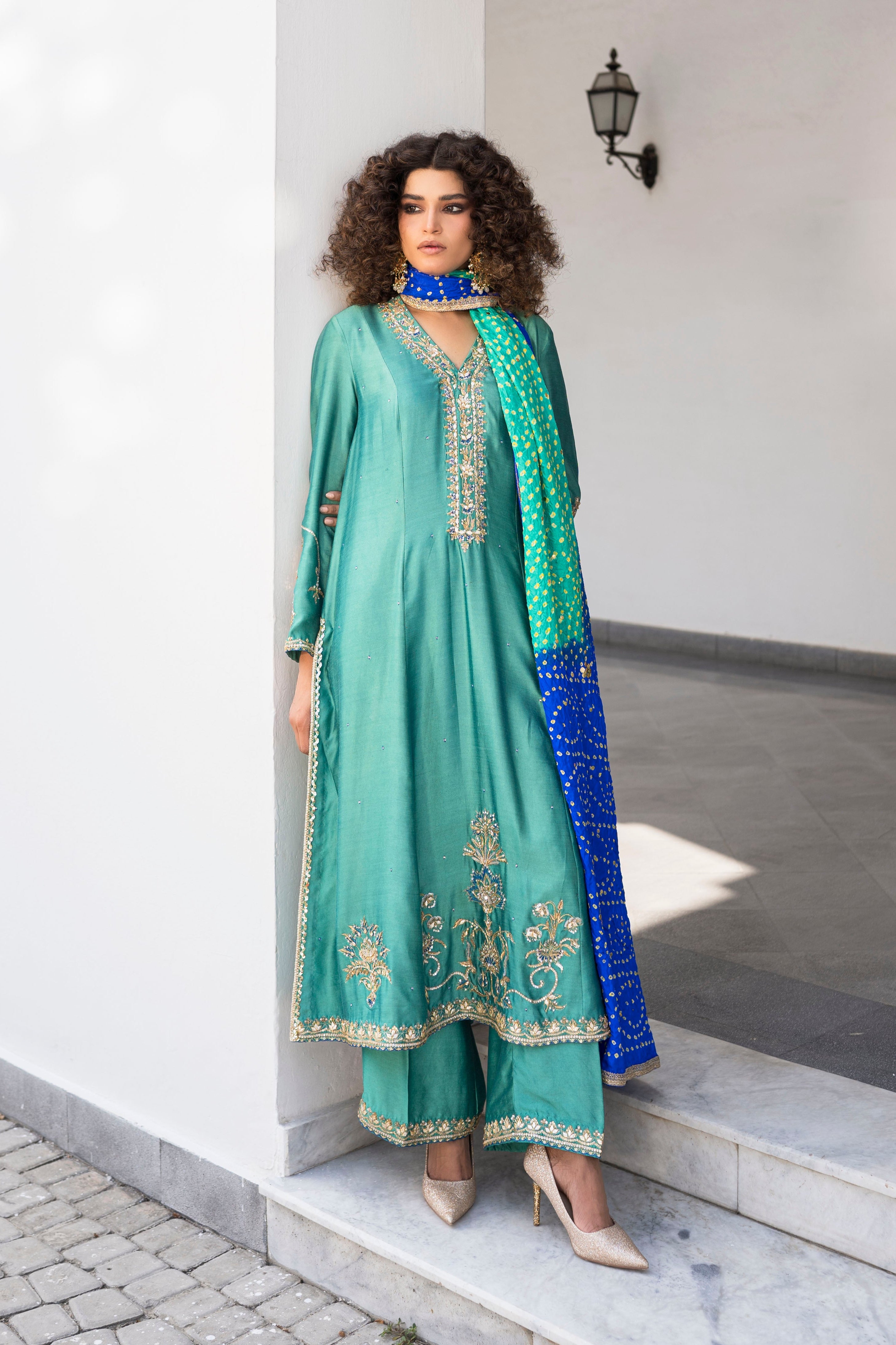 Ceramic Green Embroidered Khaddi Silk Salwar Kameez (3-Piece) - Image 5