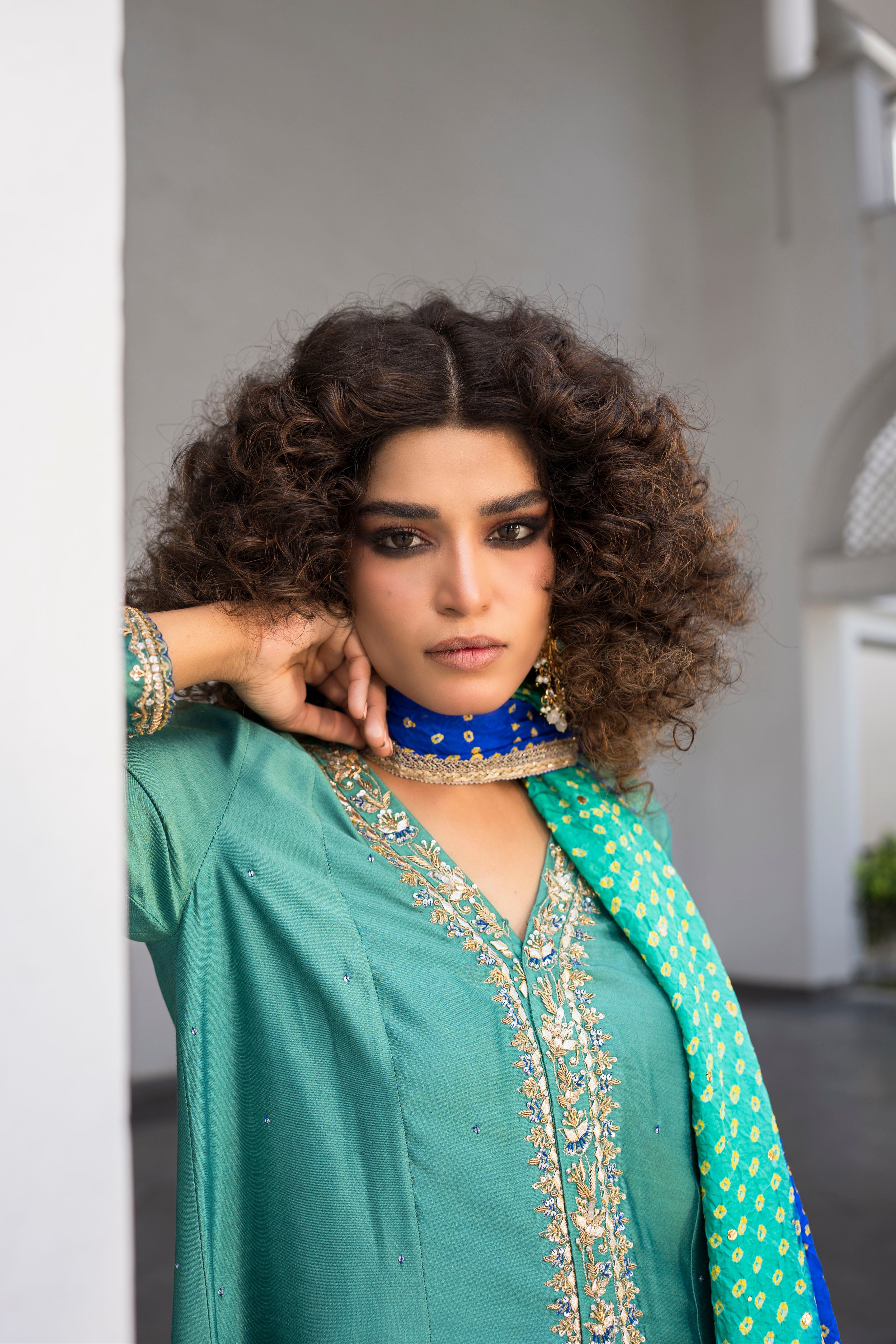 Ceramic Green Embroidered Khaddi Silk Salwar Kameez (3-Piece) - Image 6