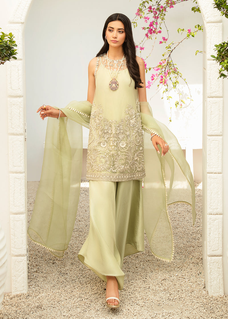 Mint Embroidered Net & Silk Salwar Kameez (3-Piece) - Image 1