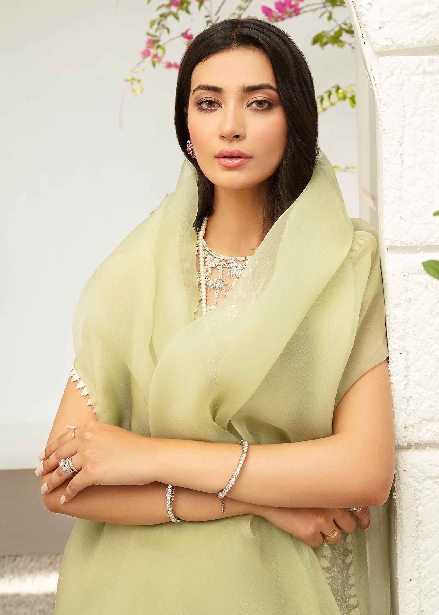 Mint Embroidered Net & Silk Salwar Kameez (3-Piece) - Image 3