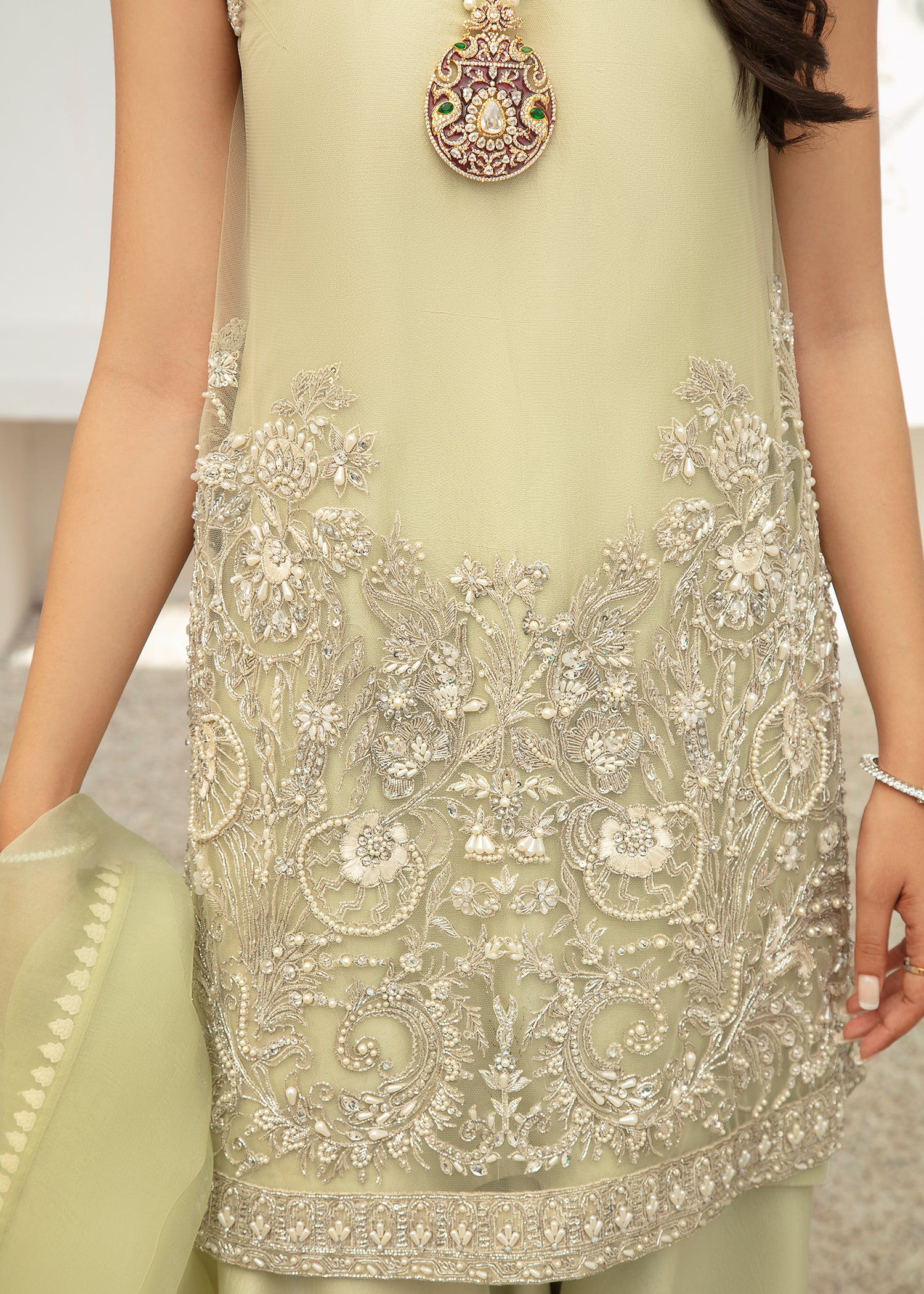 Mint Embroidered Net & Silk Salwar Kameez (3-Piece) - Image 5