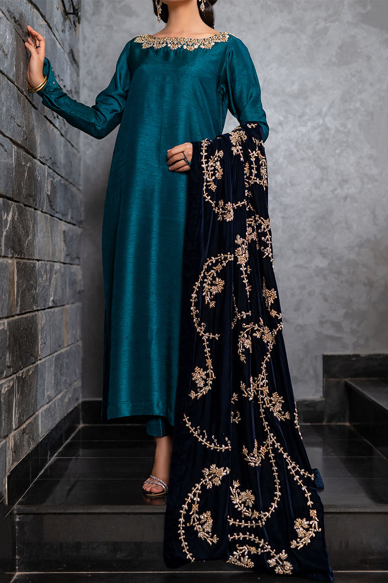 Emerald Green Embellished Korean Silk Salwar Kameez (3-Piece) - Image 1