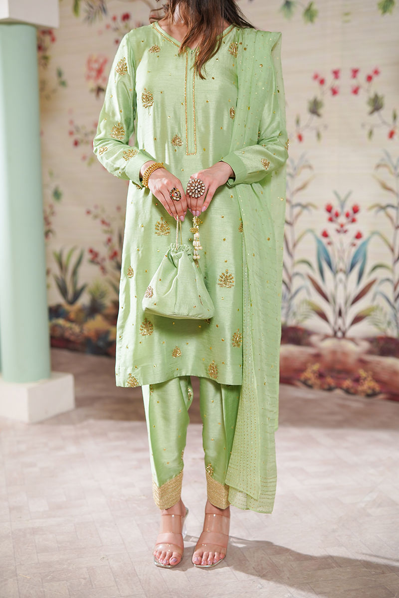 Mint Green Embroidered Korean Silk Salwar Kameez (3-Piece) - Image 1