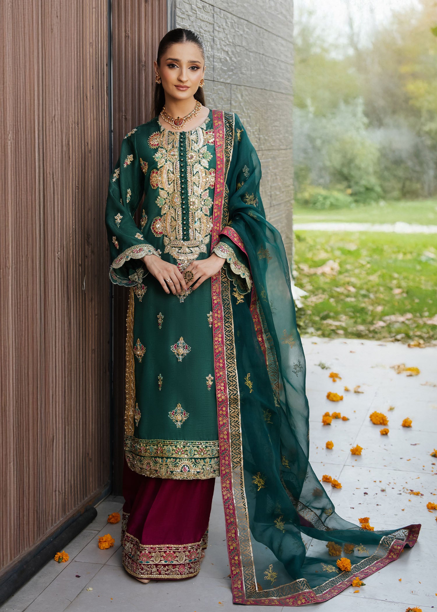 Pakistani Emerald Green Tilla Embroidered Korean Silk Salwar Kameez (3-Piece) - Image 1