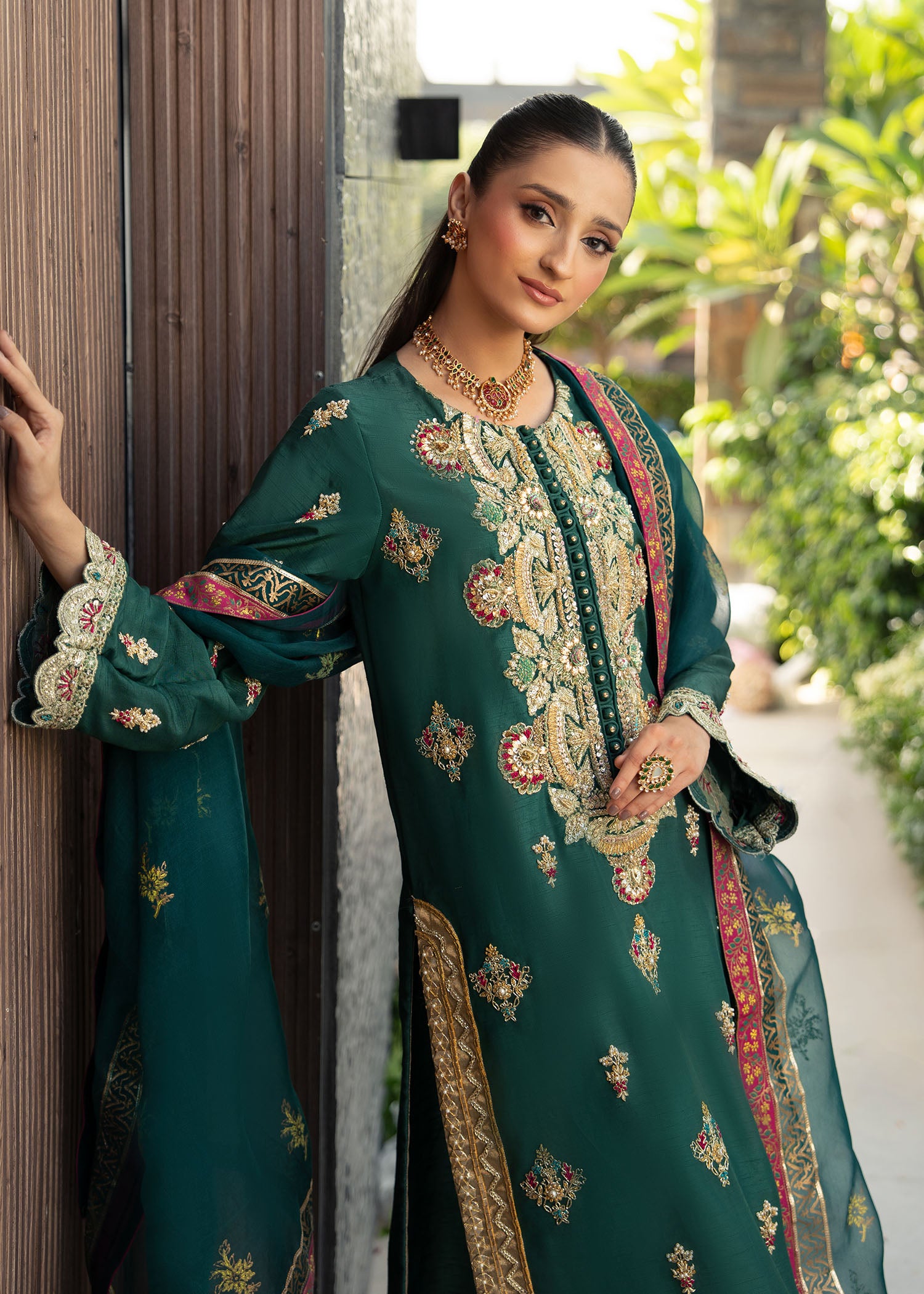 Pakistani Emerald Green Tilla Embroidered Korean Silk Salwar Kameez (3-Piece) - Image 2