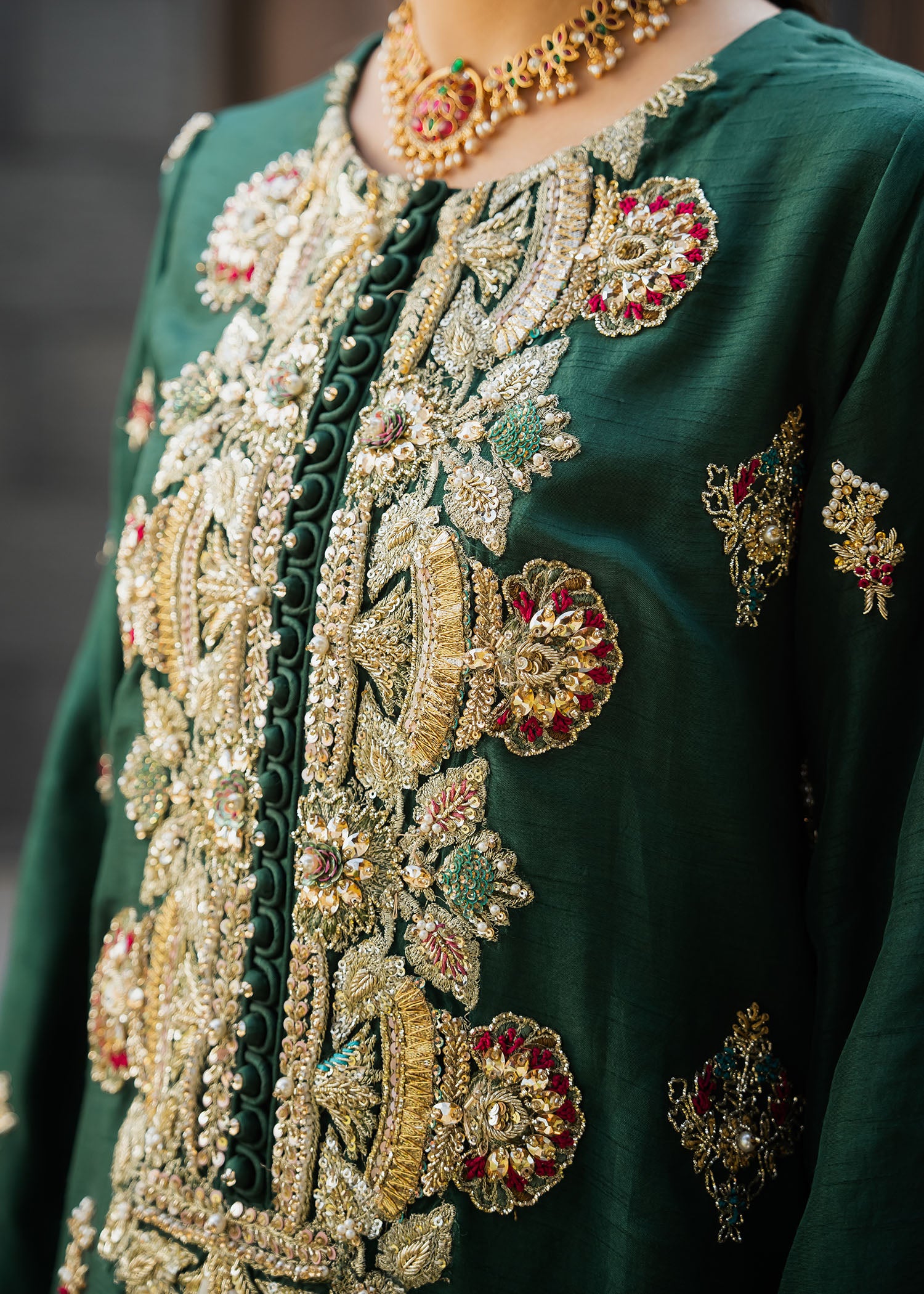 Pakistani Emerald Green Tilla Embroidered Korean Silk Salwar Kameez (3-Piece) - Image 5