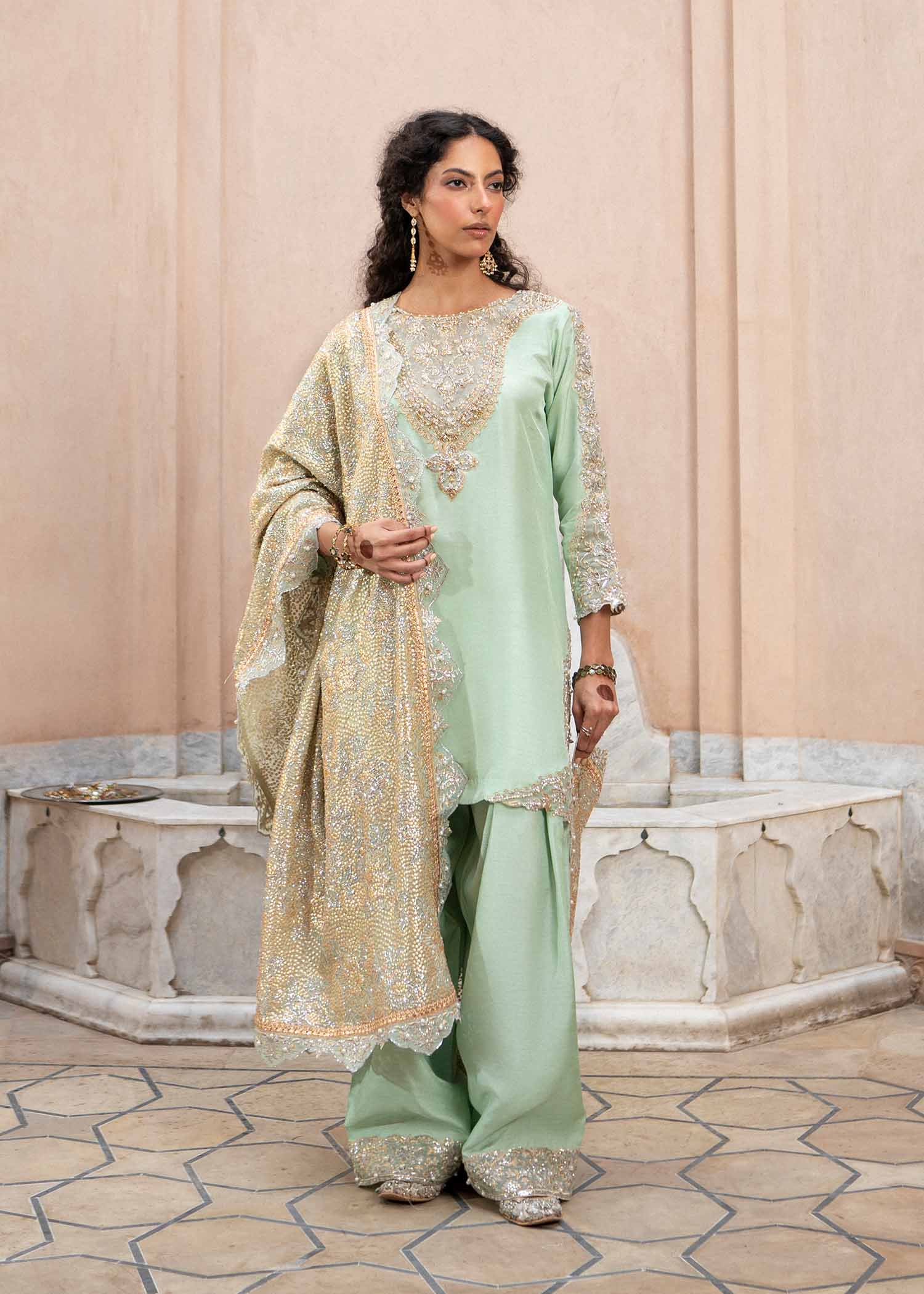 Pakistani Mint Zardozi Korean Silk Shalwar Kameez (3-Piece) - Image 1