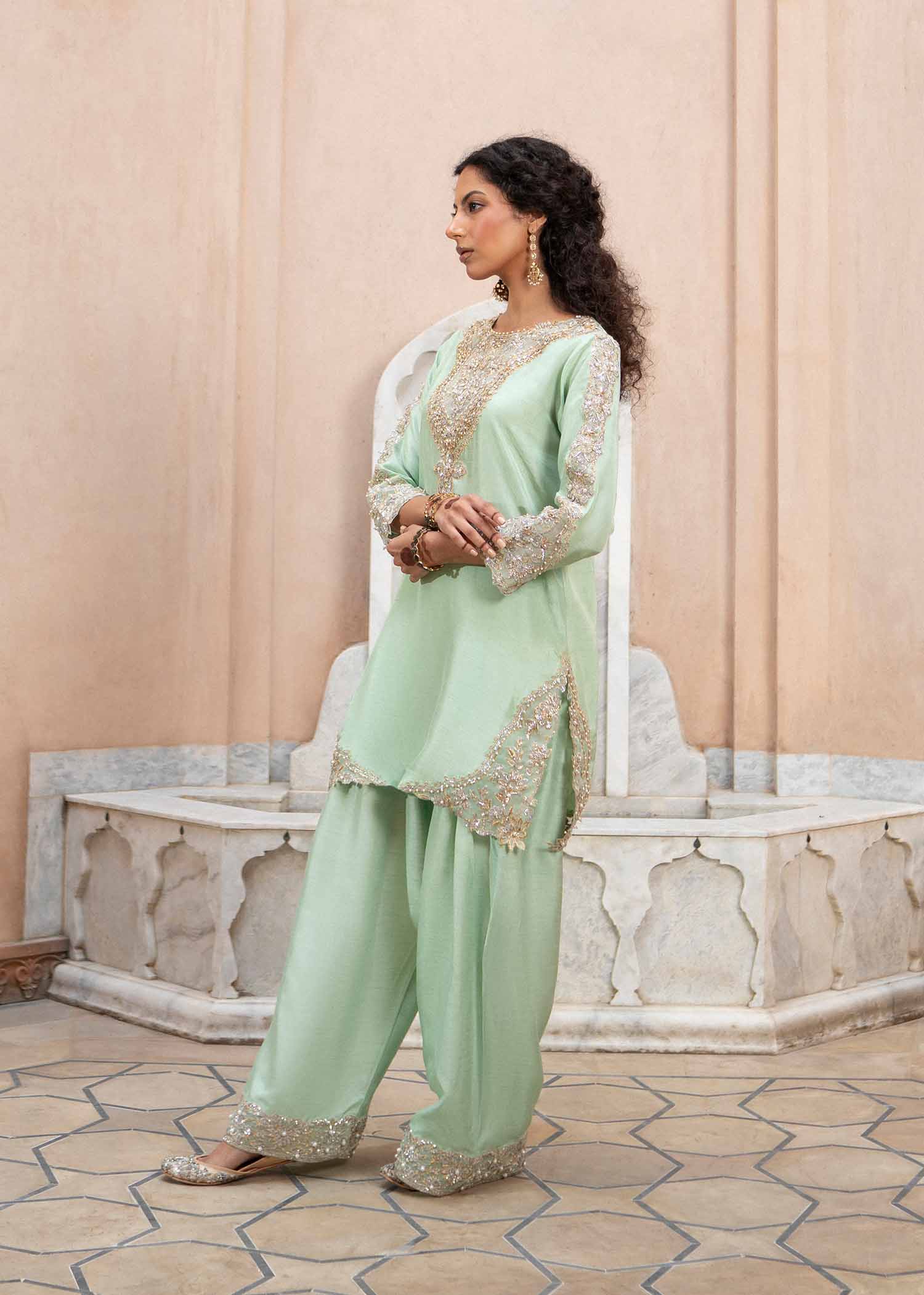 Pakistani Mint Zardozi Korean Silk Shalwar Kameez (3-Piece) - Image 3
