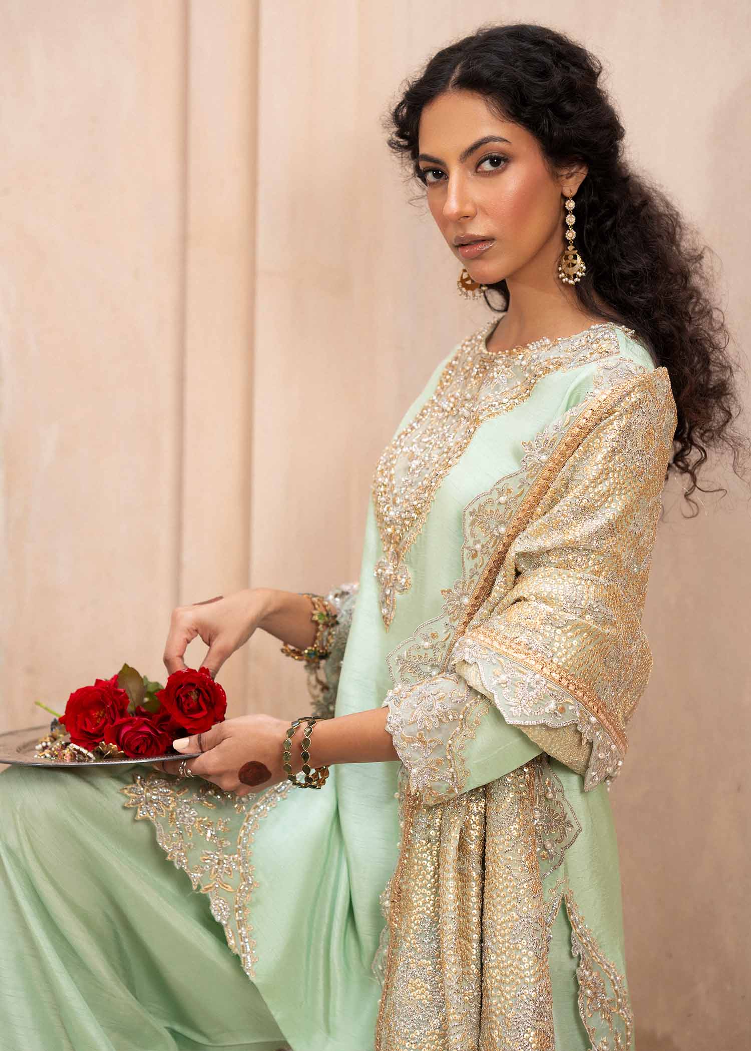 Pakistani Mint Zardozi Korean Silk Shalwar Kameez (3-Piece) - Image 4