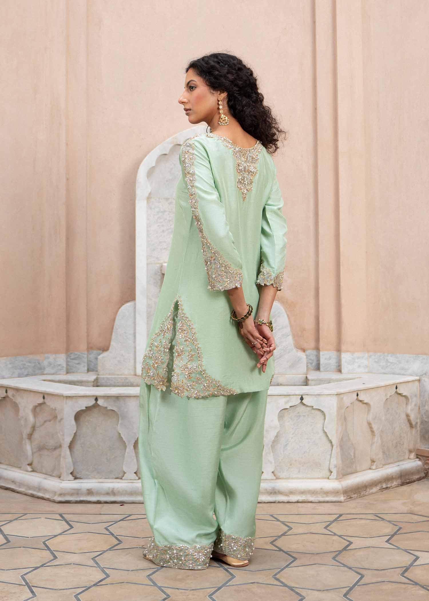 Pakistani Mint Zardozi Korean Silk Shalwar Kameez (3-Piece) - Image 5