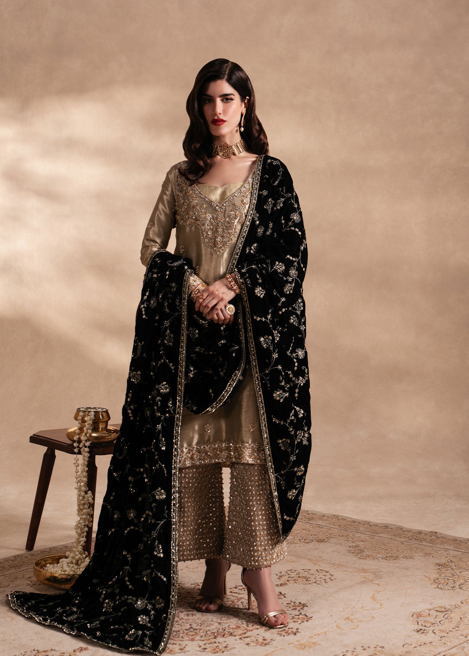 Pakistani Grape Green Embroidered Lame Salwar Kameez (3-Piece) - Image 2