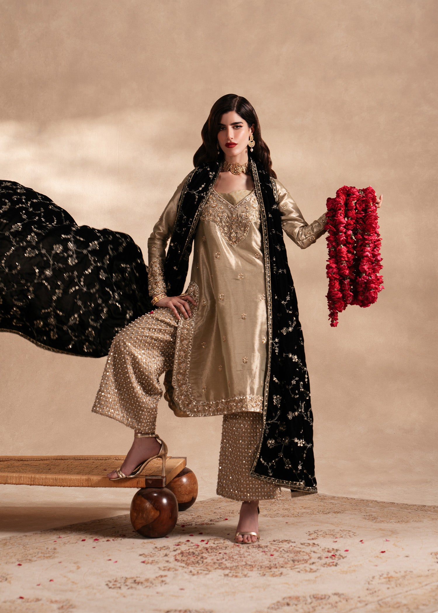 Pakistani Grape Green Embroidered Lame Salwar Kameez (3-Piece) - Image 6