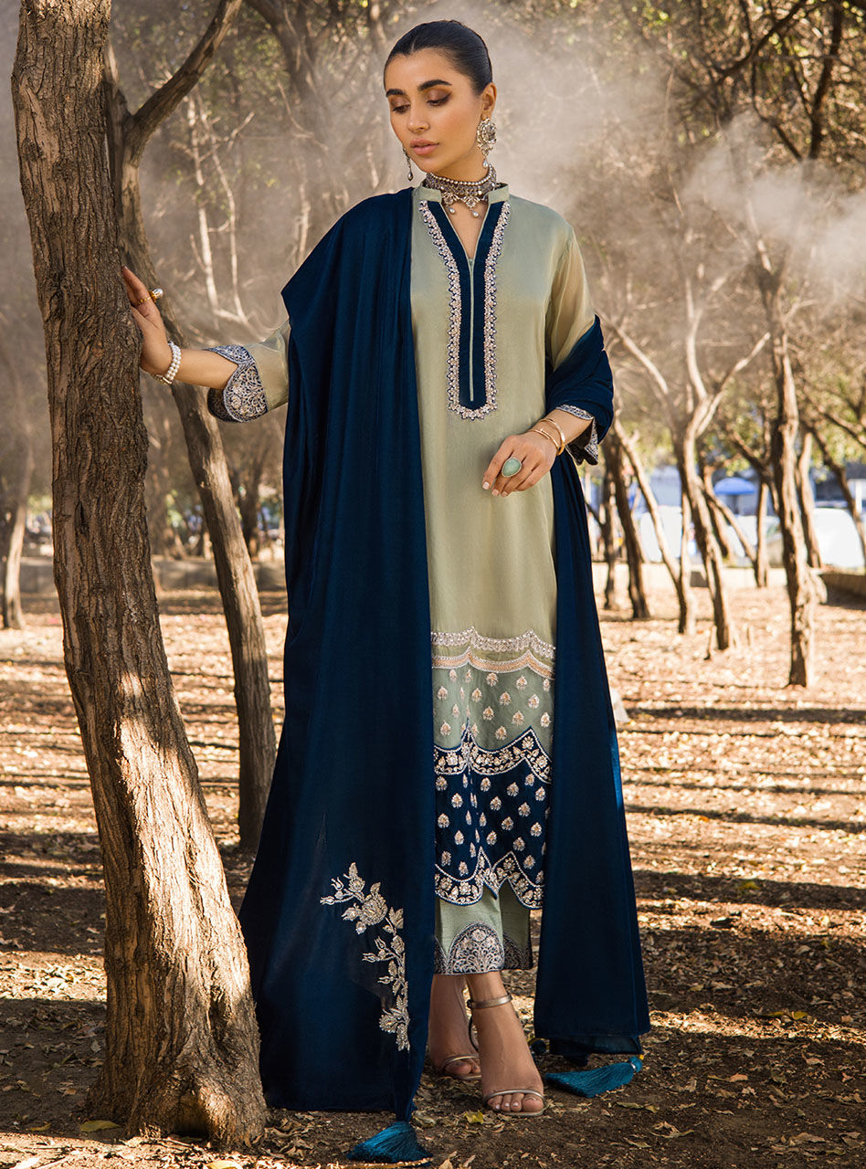 Mint Embroidered Maysuri & Teal Velvet Salwar Kameez (3-Piece) - Image 2