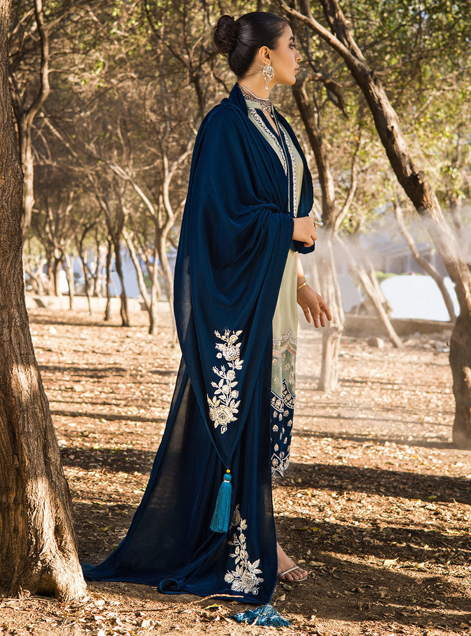 Mint Embroidered Maysuri & Teal Velvet Salwar Kameez (3-Piece) - Image 5