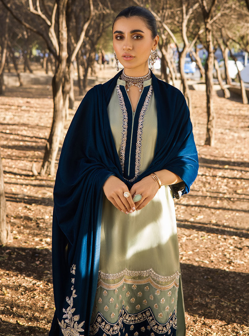 Mint Embroidered Maysuri & Teal Velvet Salwar Kameez (3-Piece) - Image 6