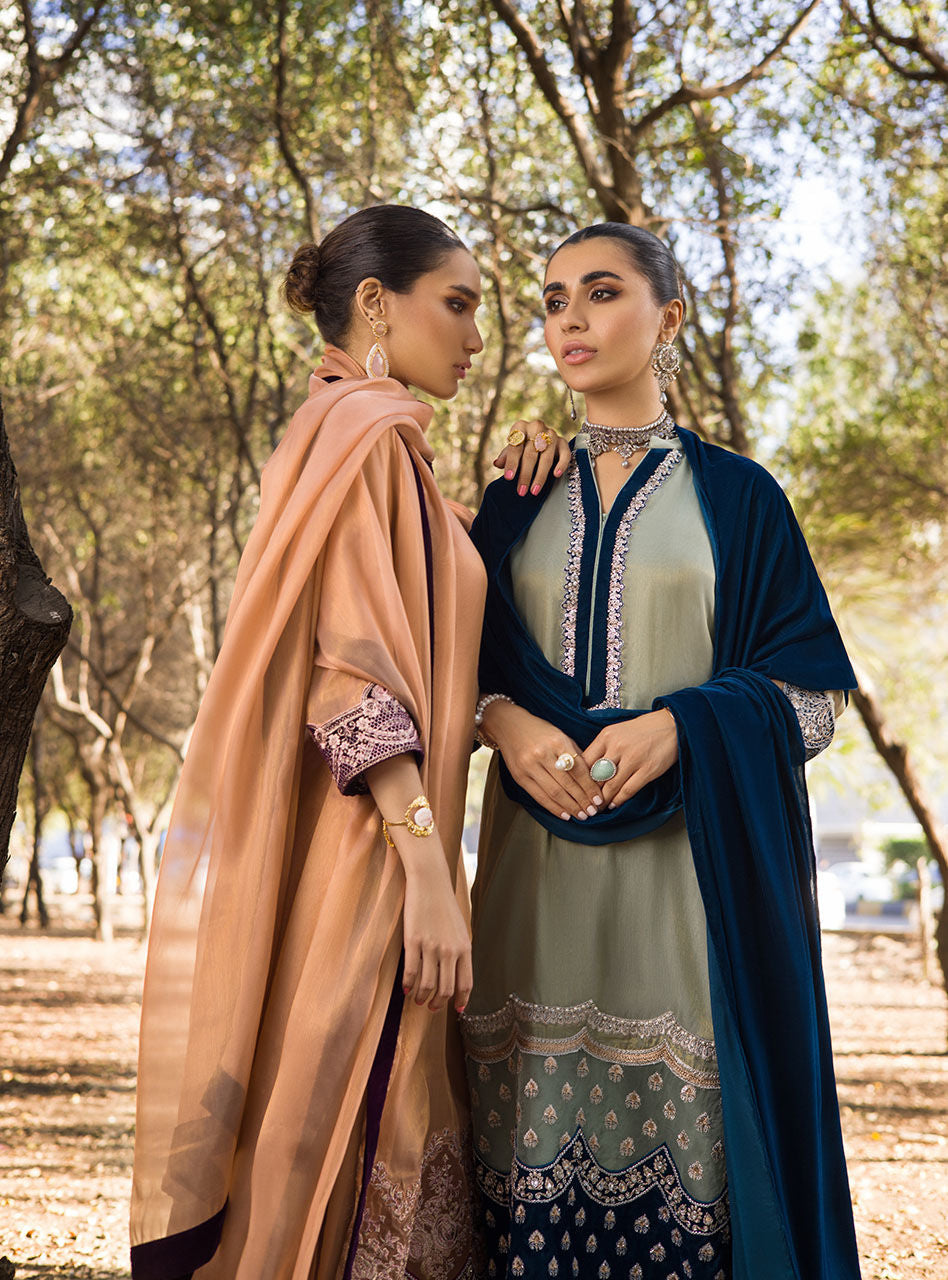 Mint Embroidered Maysuri & Teal Velvet Salwar Kameez (3-Piece) - Image 7