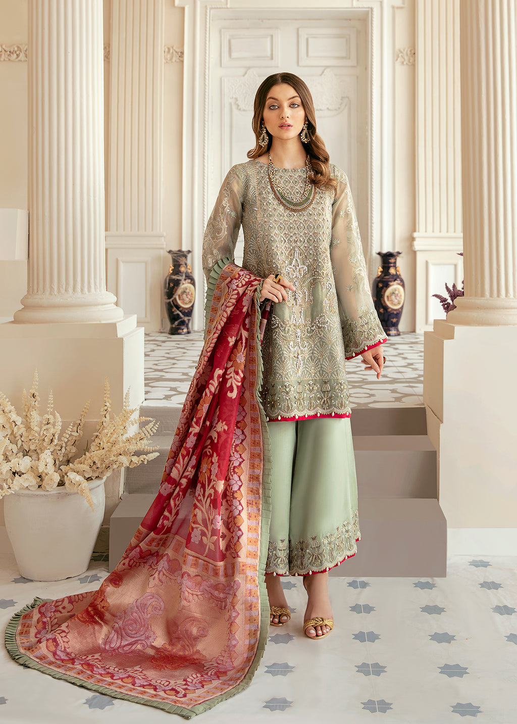 Sage Green Hand-Embellished Mesoori Salwar Kameez (3-Piece) - Image 1
