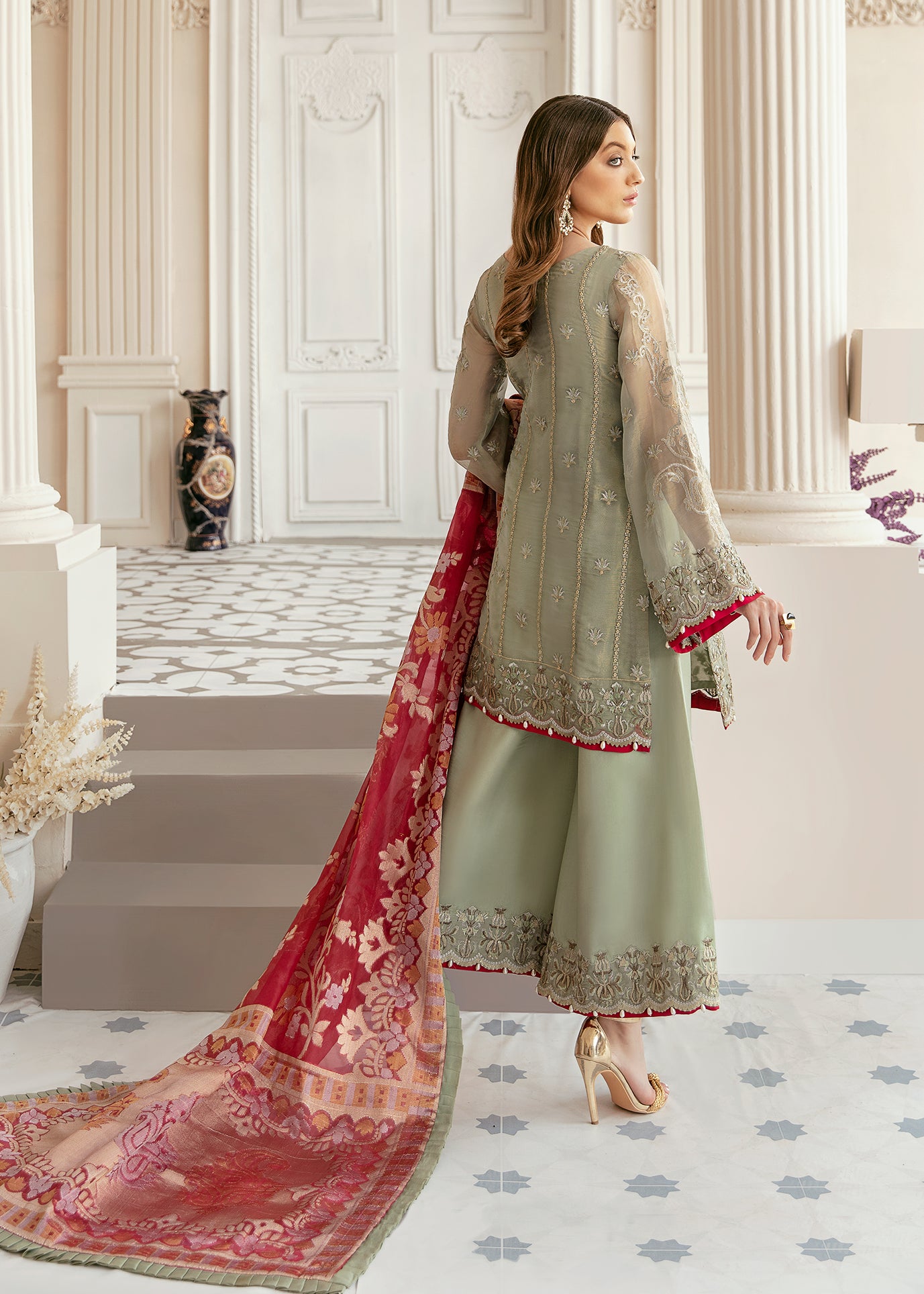 Sage Green Hand-Embellished Mesoori Salwar Kameez (3-Piece) - Image 4